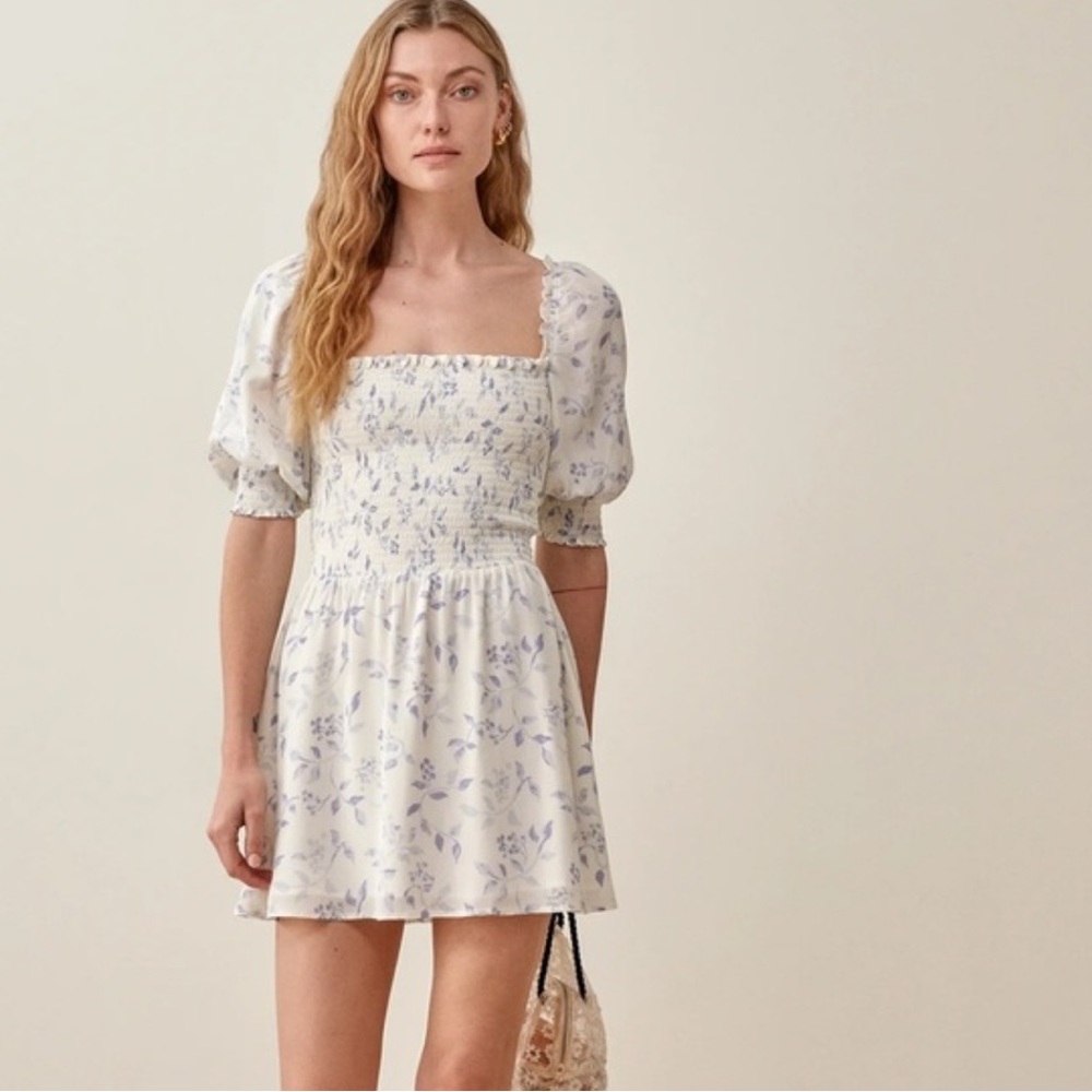 Reformation Elle Short Puff Sleeve Smocked Mini Dress in Laurel Floral Print, 4